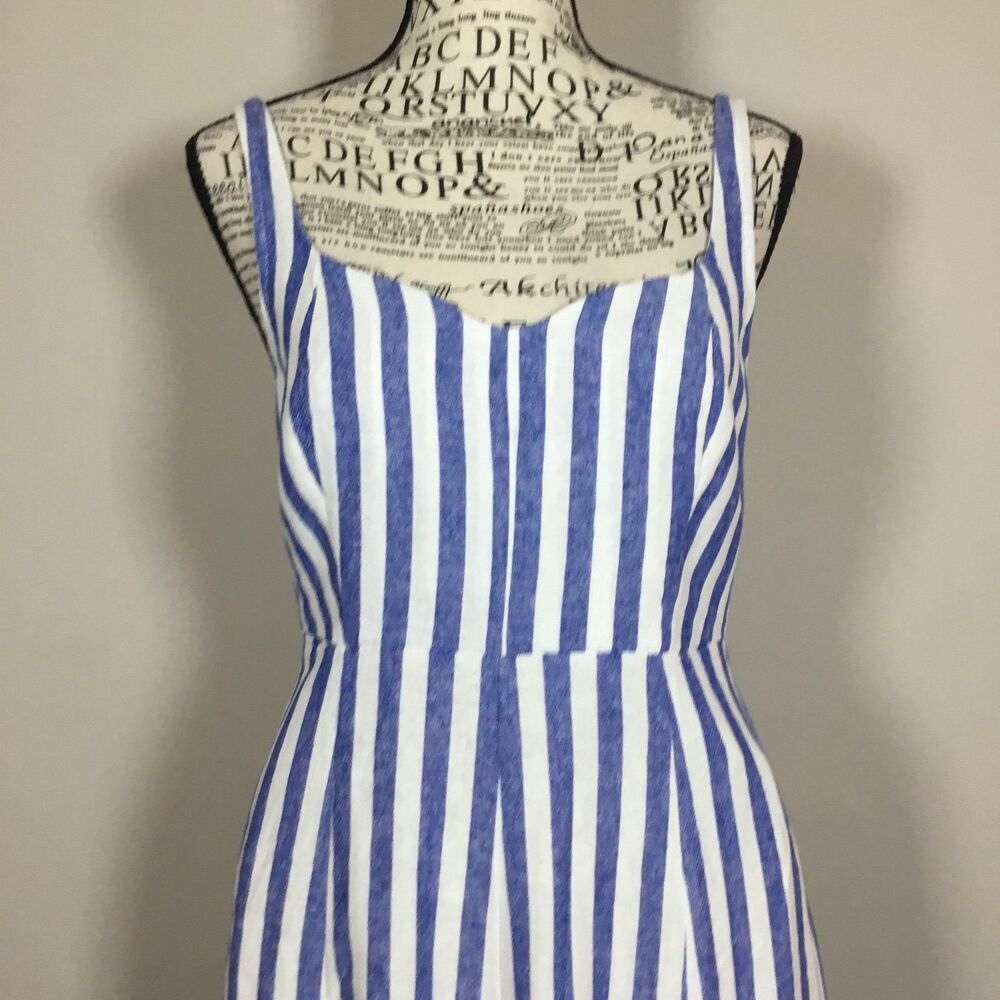 Linen blend maxi dress blue white stripe loveheart neckline smocked back sz S - Picture 2 of 8
